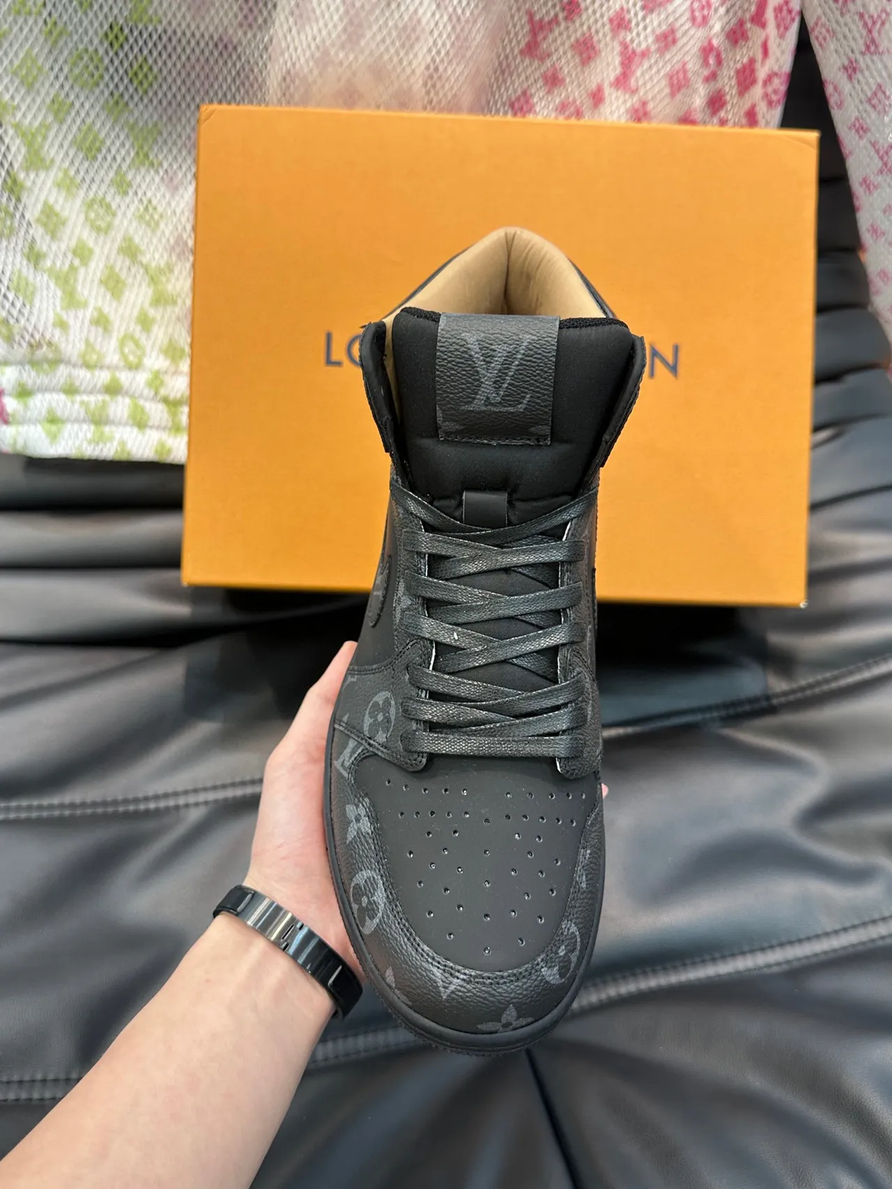 Louis Vuitton LV Trainer Black Beige Monogrammed Leather High-Top Silhouette Lifestyle Sneakers 6