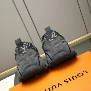 Louis Vuitton LV Trainer काला ग्रे मोनोग्राम जैक्वार्ड अपर स्कल्प्टेड सोल चंकी स्नीकर्स