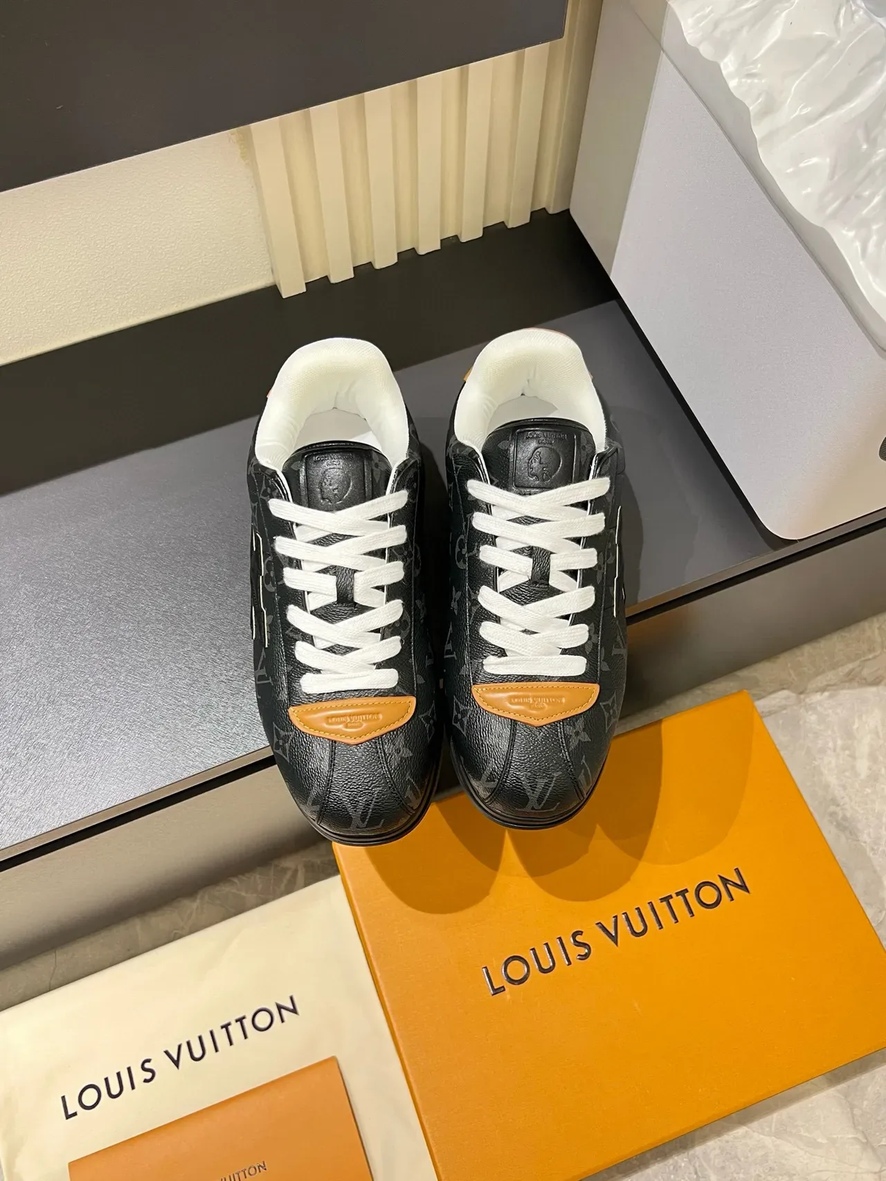 Louis Vuitton LV Trainer Black Orange Monogram-Coated Leather Embossed Logo Lifestyle Sneakers 2