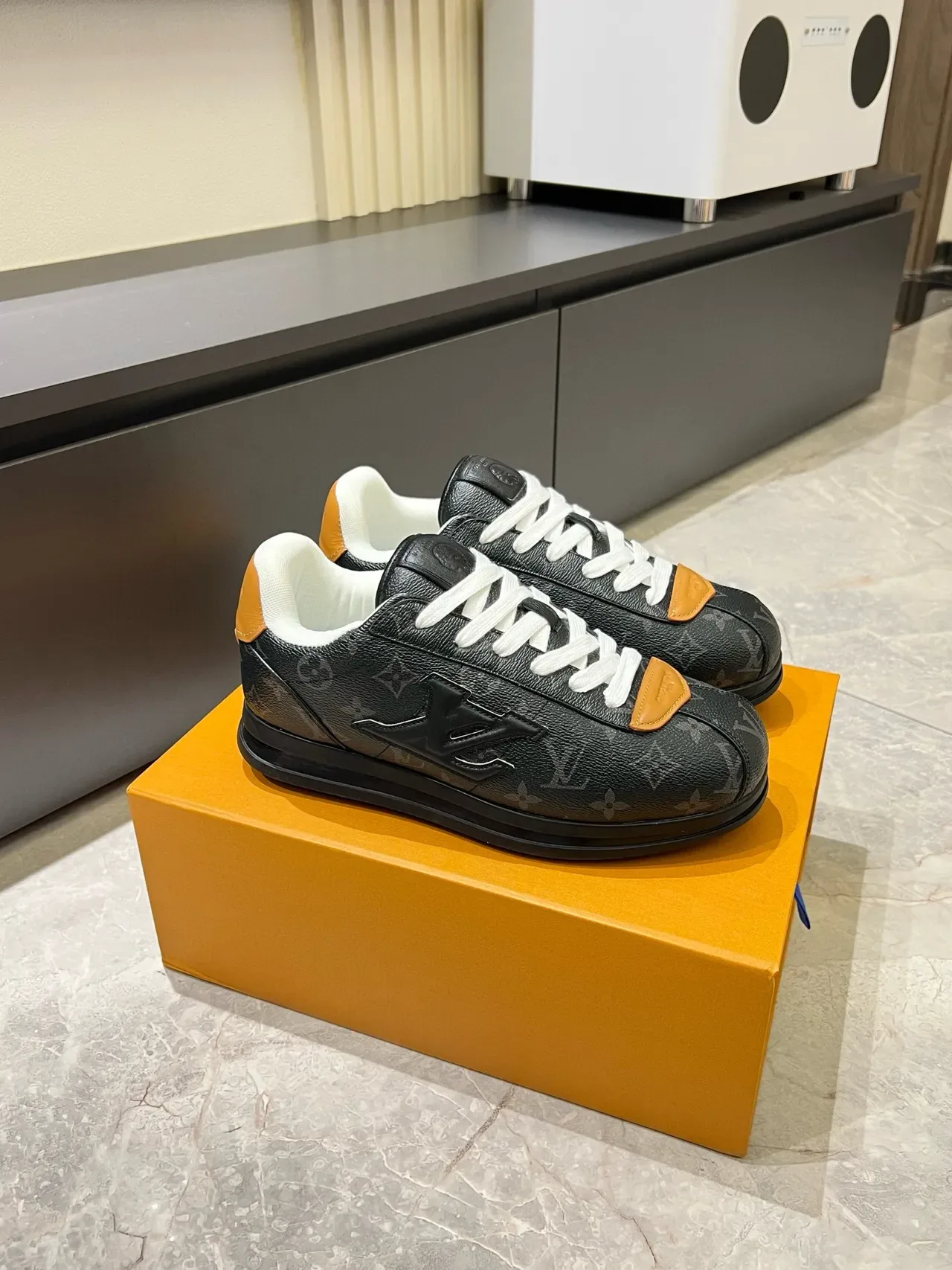 Louis Vuitton LV Trainer Black Orange Monogram-Coated Leather Embossed Logo Lifestyle Sneakers 3
