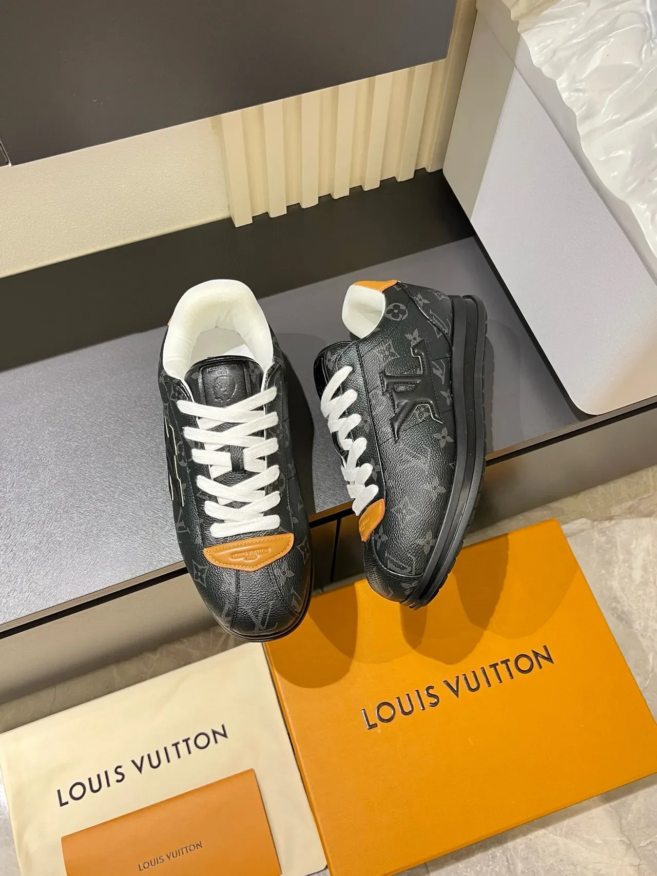 Louis Vuitton LV Trainer Black Orange Monogram-Coated Leather Embossed Logo Lifestyle Sneakers 4