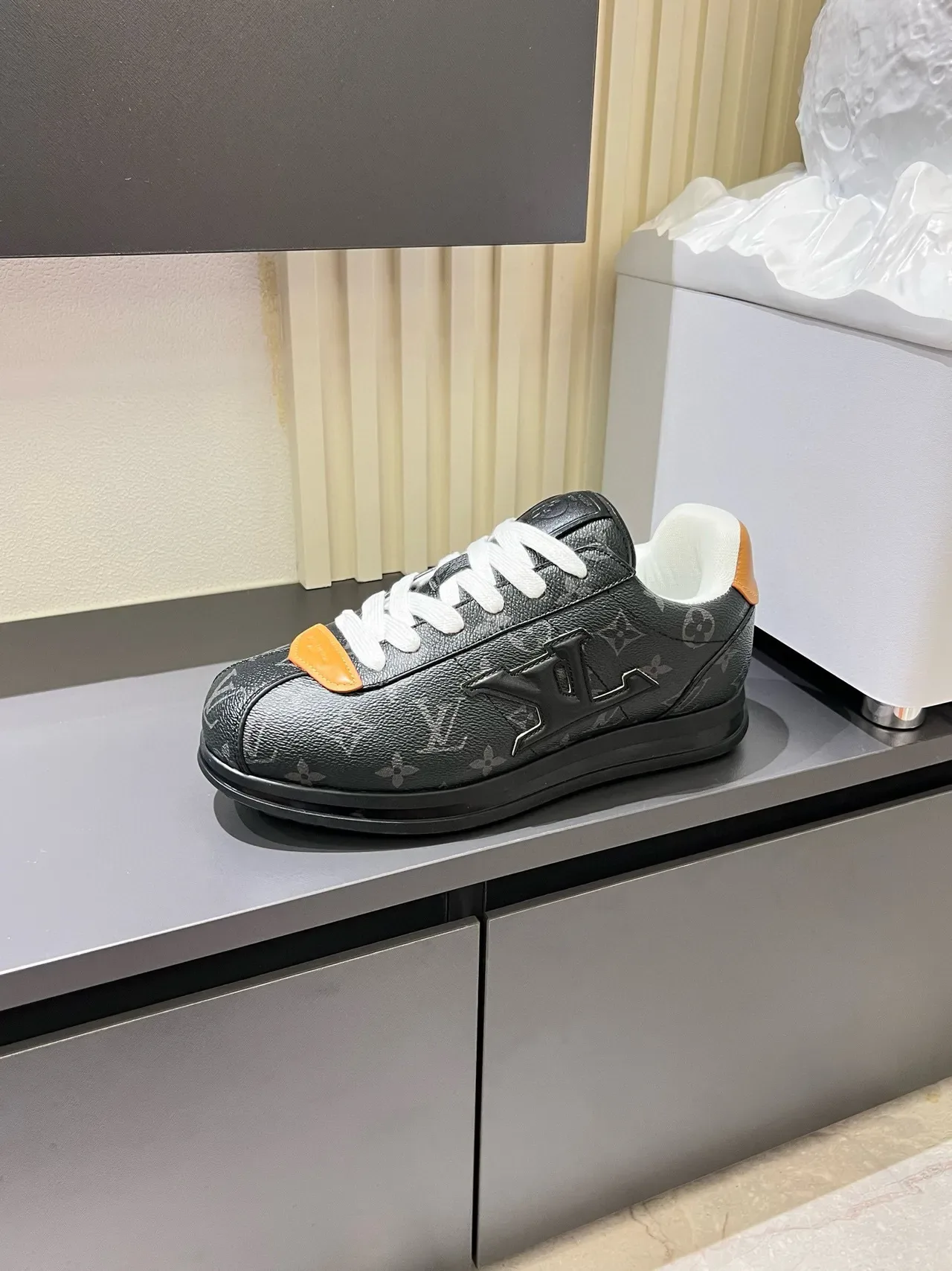 Louis Vuitton LV Trainer Black Orange Monogram-Coated Leather Embossed Logo Lifestyle Sneakers 5