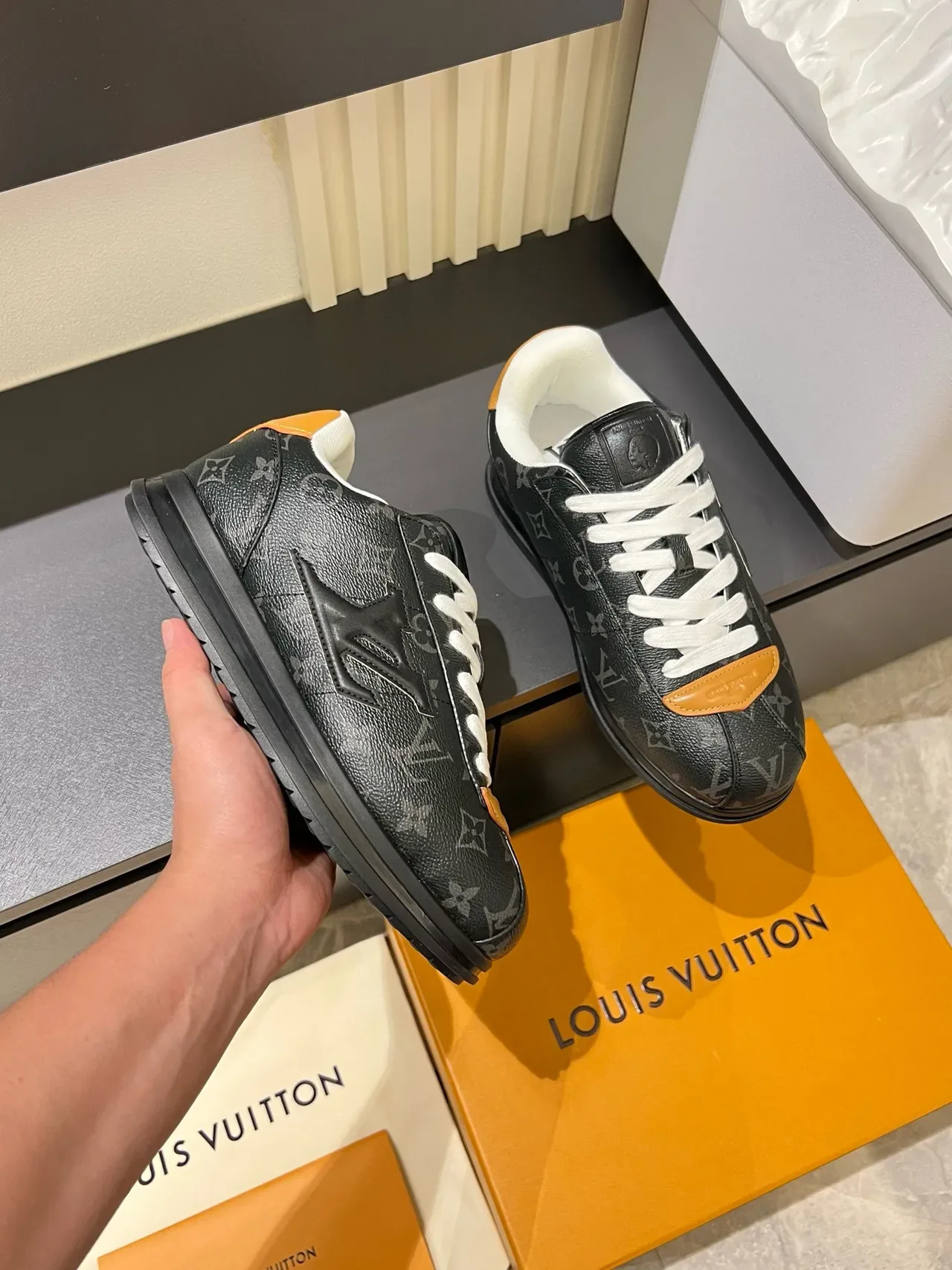Louis Vuitton LV Trainer Black Orange Monogram-Coated Leather Embossed Logo Lifestyle Sneakers 6