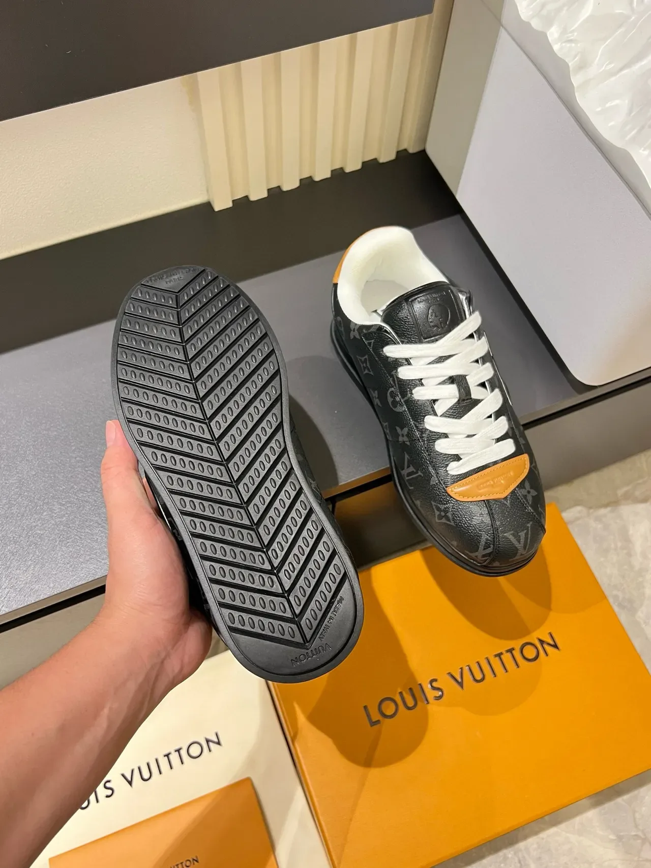 Louis Vuitton LV Trainer Black Orange Monogram-Coated Leather Embossed Logo Lifestyle Sneakers 7