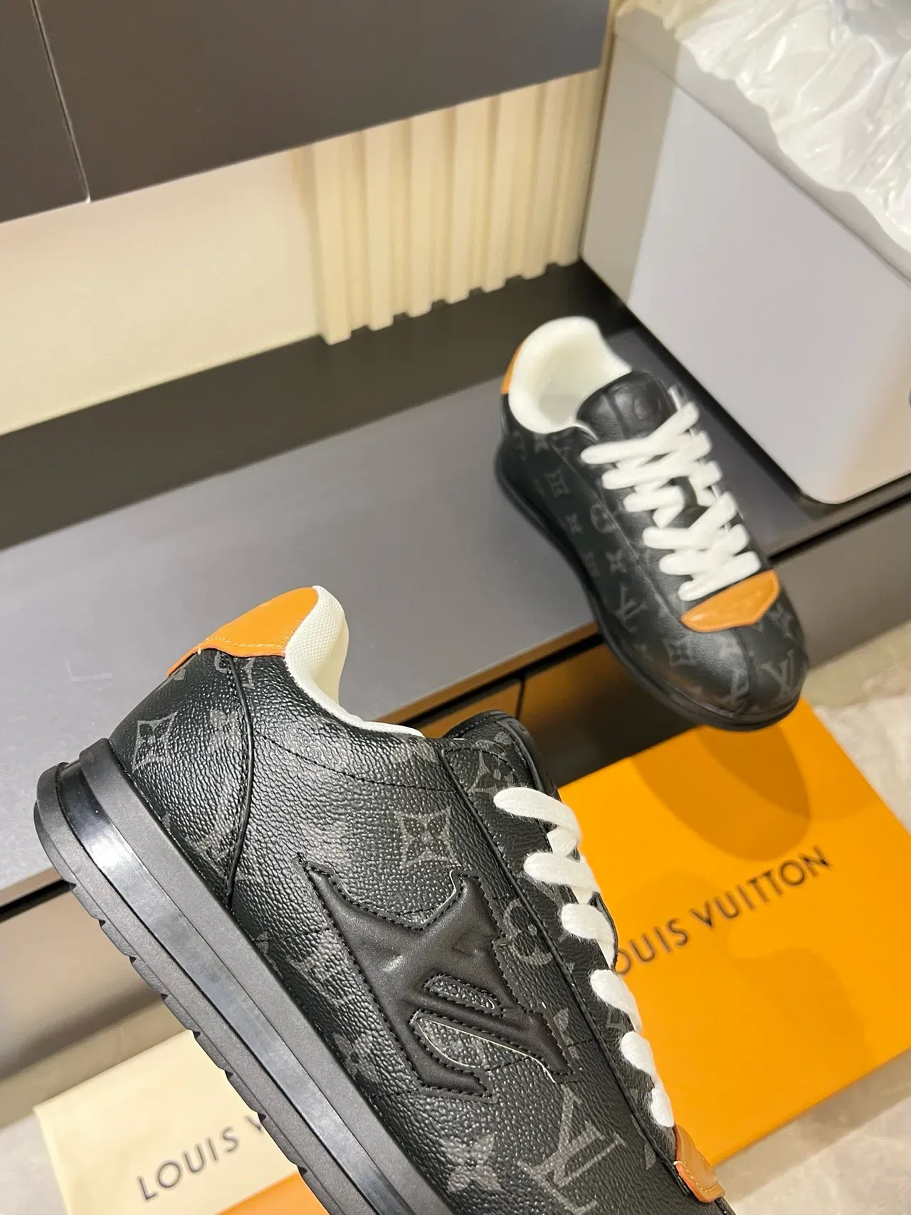 Louis Vuitton LV Trainer Black Orange Monogram-Coated Leather Embossed Logo Lifestyle Sneakers 8