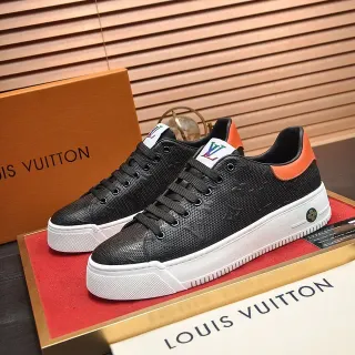 Louis Vuitton LV Trainer Preto Laranja Perfurado Monograma Couro Grosso Solado de Plataforma Branco Tênis Lifestyle