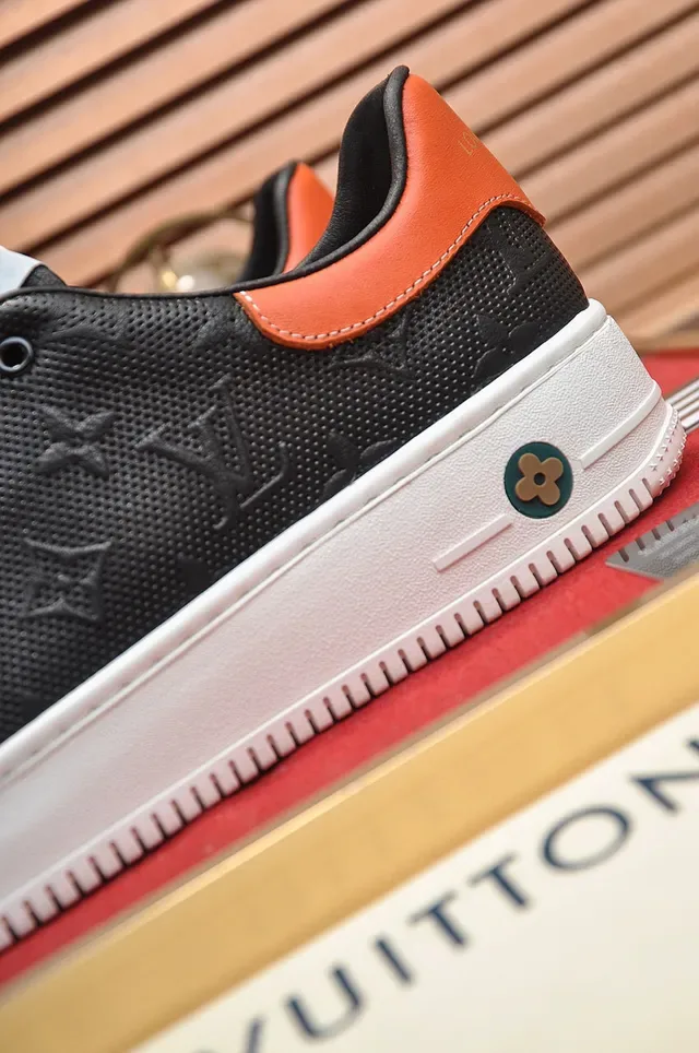 Louis Vuitton LV Trainer Black Orange Perforated Monogram Leather Thick White Platform Sole Lifestyle Sneakers 2