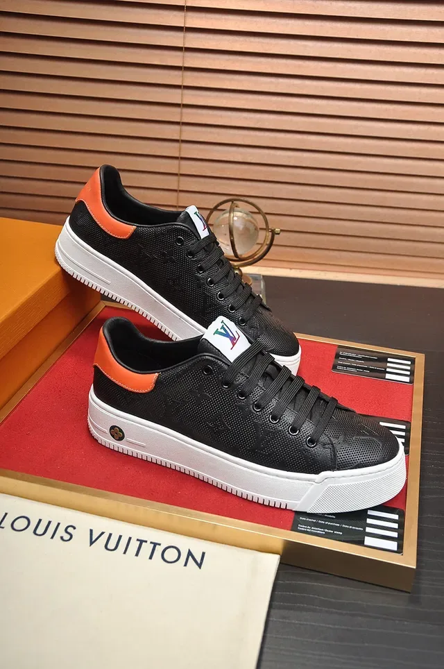 Louis Vuitton LV Trainer Black Orange Perforated Monogram Leather Thick White Platform Sole Lifestyle Sneakers 5