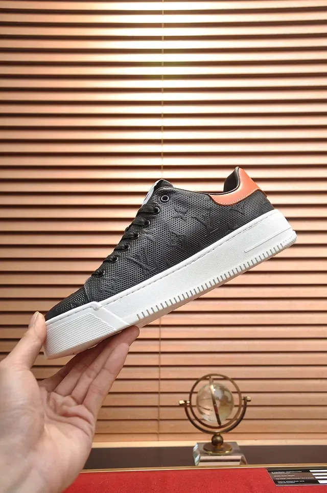 Louis Vuitton LV Trainer Black Orange Perforated Monogram Leather Thick White Platform Sole Lifestyle Sneakers 6