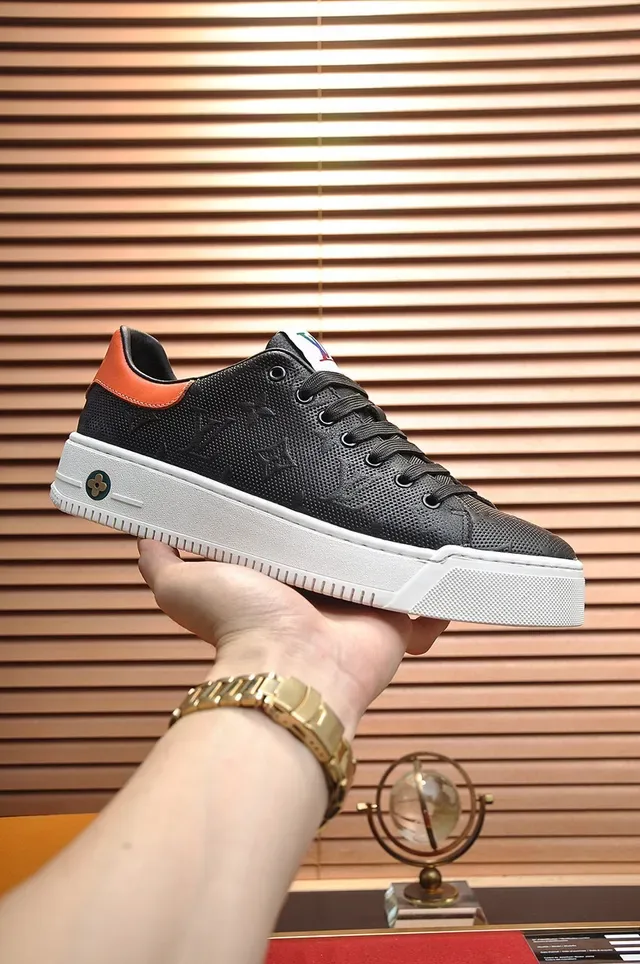 Louis Vuitton LV Trainer Black Orange Perforated Monogram Leather Thick White Platform Sole Lifestyle Sneakers 7