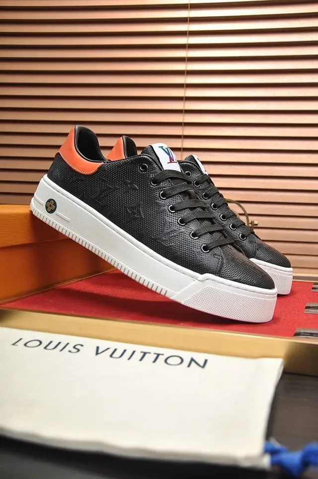 Louis Vuitton LV Trainer Black Orange Perforated Monogram Leather Thick White Platform Sole Lifestyle Sneakers 8