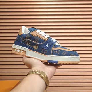 Louis Vuitton LV Trainer Blue Beige Denim Upper Monogram Embroidery Lifestyle Sneakers