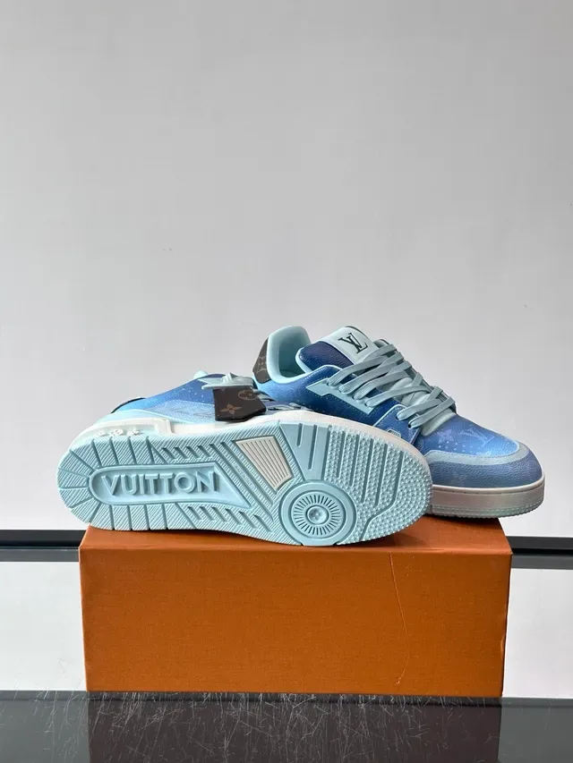 Louis Vuitton LV Trainer Blue Brown Gradient Leather Upper Monogram Canvas Heel Tab Lifestyle Sneakers 2