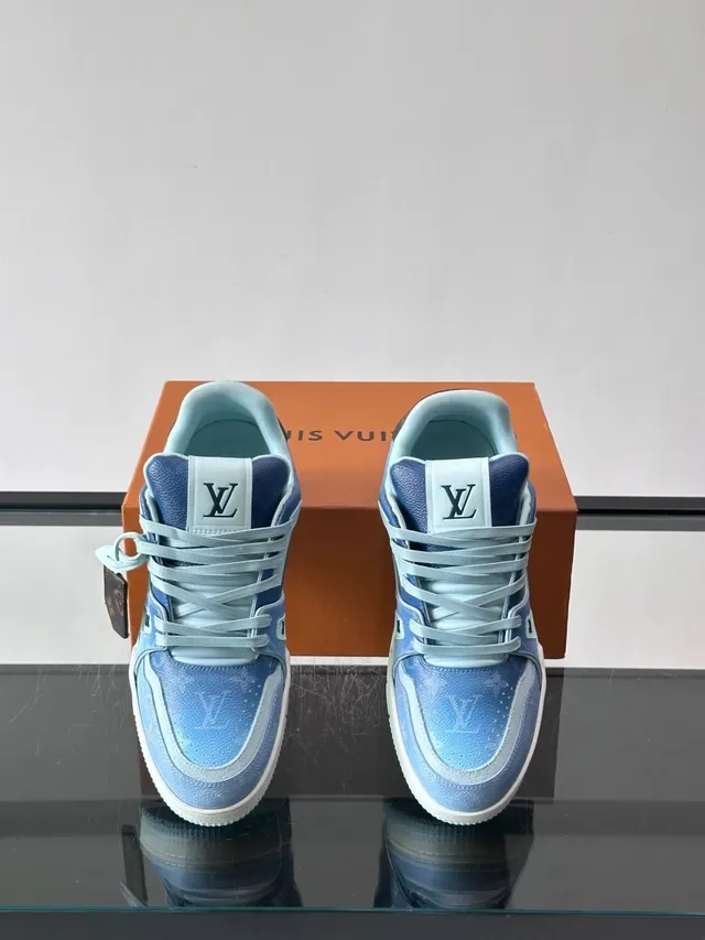 Louis Vuitton LV Trainer Blue Brown Gradient Leather Upper Monogram Canvas Heel Tab Lifestyle Sneakers 4