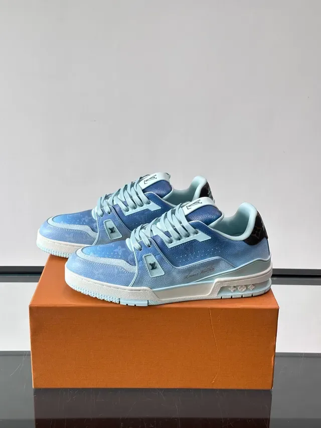Louis Vuitton LV Trainer Blue Brown Gradient Leather Upper Monogram Canvas Heel Tab Lifestyle Sneakers 5