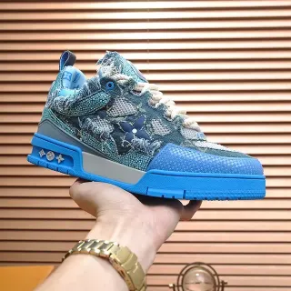 Louis Vuitton LV Trainer Cinza Azul Desgastado Denim-Texto Superior Detalhes Desfiados Sneakers Lifestyle