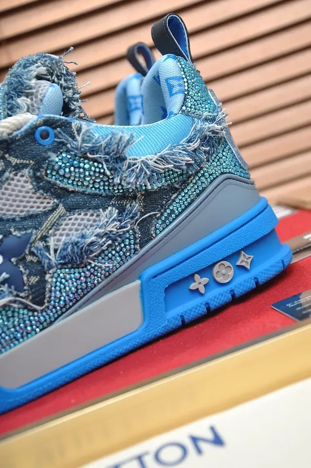 Louis Vuitton LV Trainer Blue Gray Distressed Denim-Textile Upper Frayed Detailing Lifestyle Sneakers 2