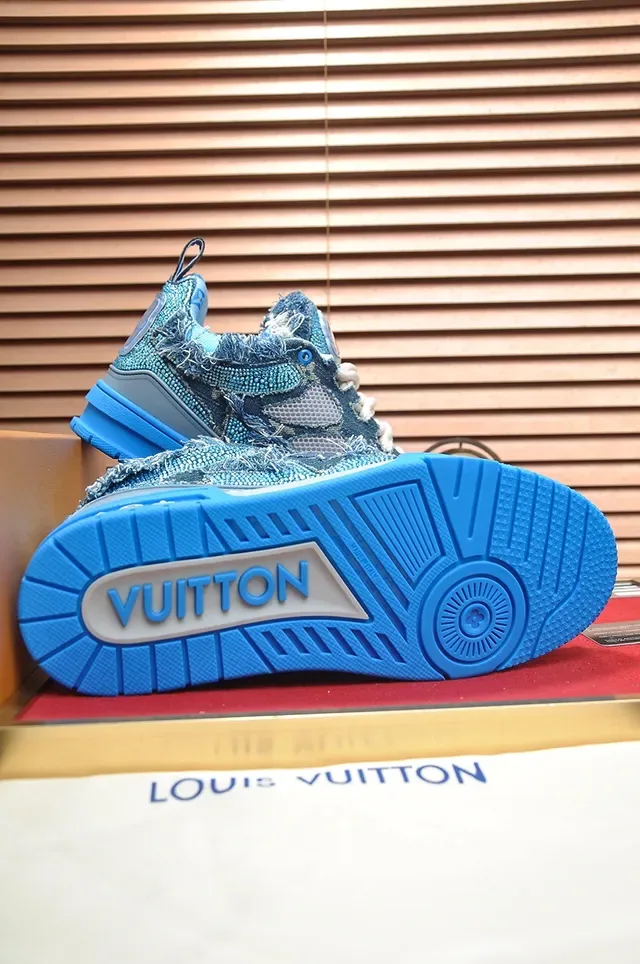 Louis Vuitton LV Trainer Blue Gray Distressed Denim-Textile Upper Frayed Detailing Lifestyle Sneakers 3