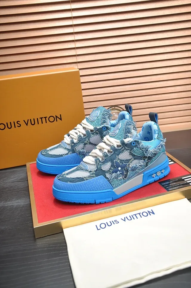 Louis Vuitton LV Trainer Blue Gray Distressed Denim-Textile Upper Frayed Detailing Lifestyle Sneakers 4