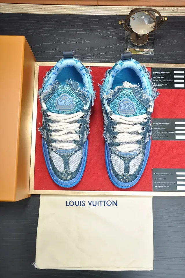 Louis Vuitton LV Trainer Blue Gray Distressed Denim-Textile Upper Frayed Detailing Lifestyle Sneakers 5