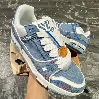Louis Vuitton LV Trainer Blue Multicolor Denim Patchwork Upper Layered Rubber Sole Lifestyle Sneakers