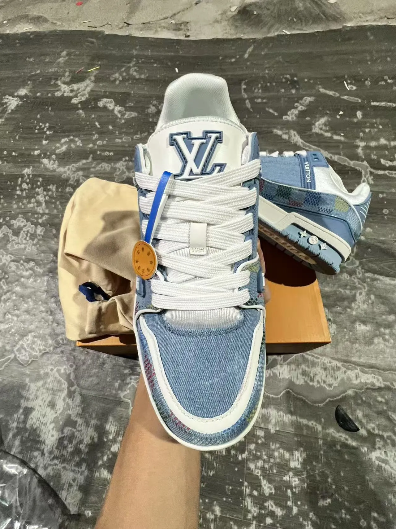 Louis Vuitton LV Trainer Blue Multicolor Denim Patchwork Upper Layered Rubber Sole Lifestyle Sneakers 2