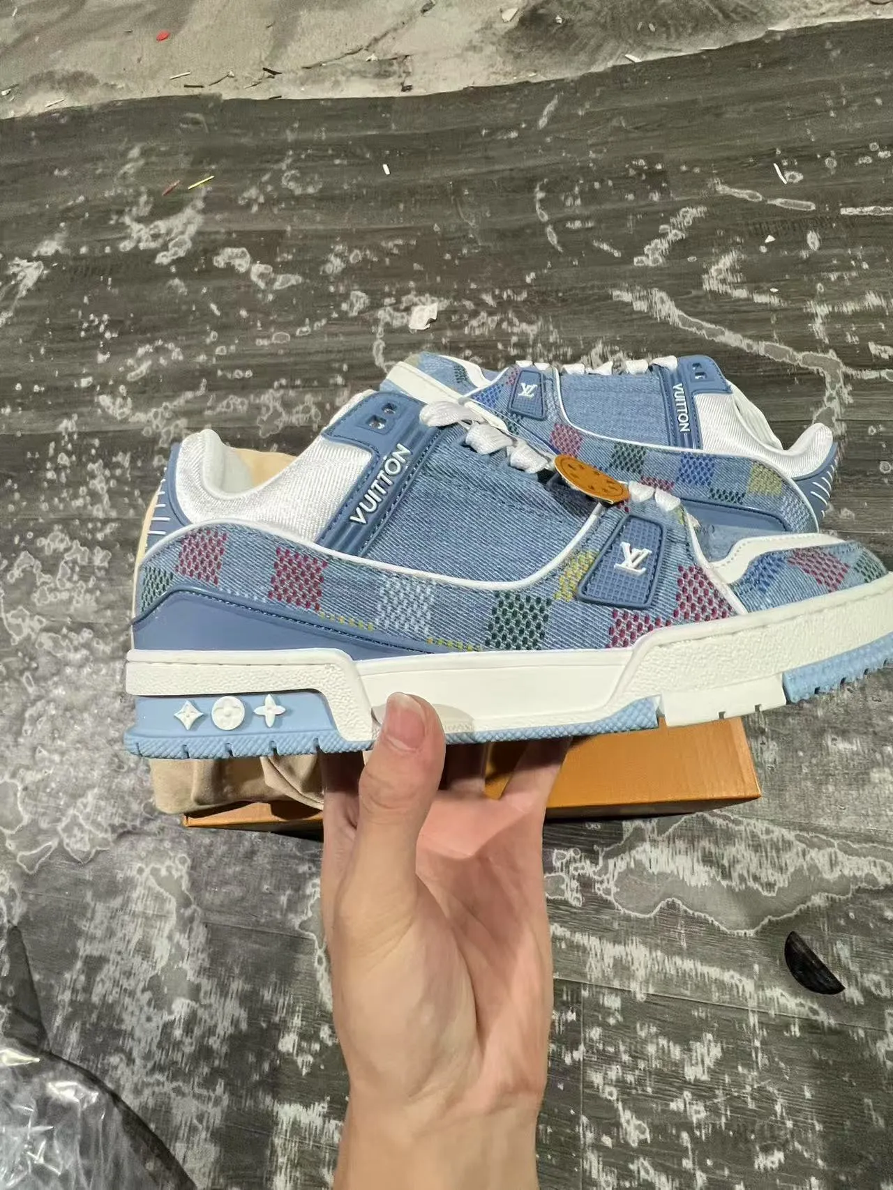 Louis Vuitton LV Trainer Blue Multicolor Denim Patchwork Upper Layered Rubber Sole Lifestyle Sneakers 5