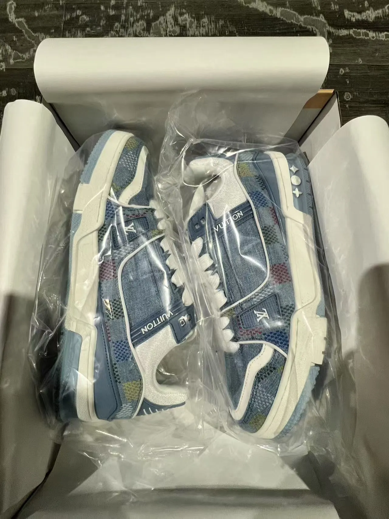 Louis Vuitton LV Trainer Blue Multicolor Denim Patchwork Upper Layered Rubber Sole Lifestyle Sneakers 8