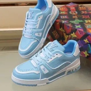 Louis Vuitton LV Trainer azul blanco construcción overlay en capas perforada caja del dedo zapatillas lifestyle