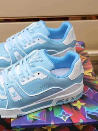 Louis Vuitton LV Trainer Blue White Layered Overlay Construction Perforated Toe Box Lifestyle Sneakers 3