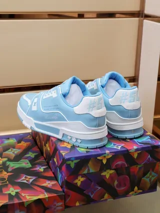 Louis Vuitton LV Trainer Blue White Layered Overlay Construction Perforated Toe Box Lifestyle Sneakers 4