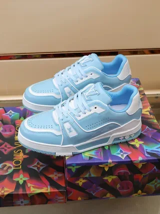 Louis Vuitton LV Trainer Blue White Layered Overlay Construction Perforated Toe Box Lifestyle Sneakers 7