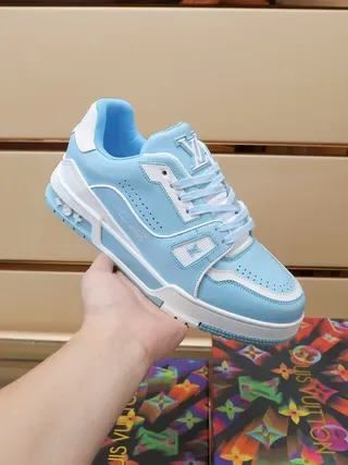 Louis Vuitton LV Trainer Blue White Layered Overlay Construction Perforated Toe Box Lifestyle Sneakers 8