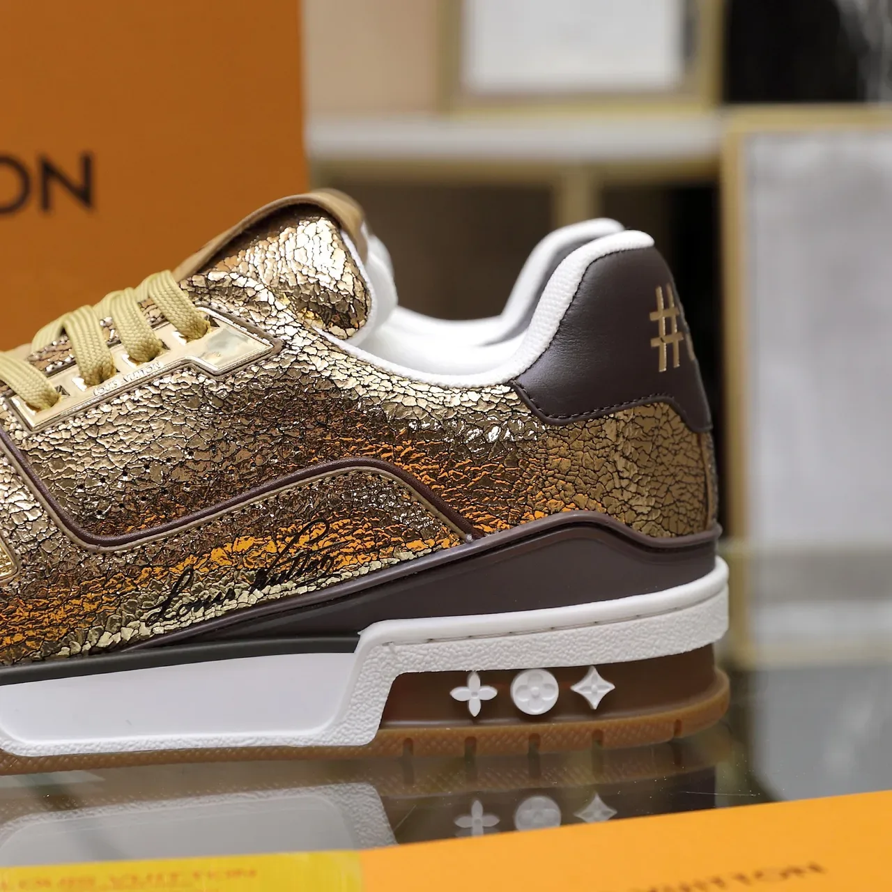 Louis Vuitton LV Trainer Gold Brown Metallic Crackle Leather Overlays Lifestyle Sneakers 2