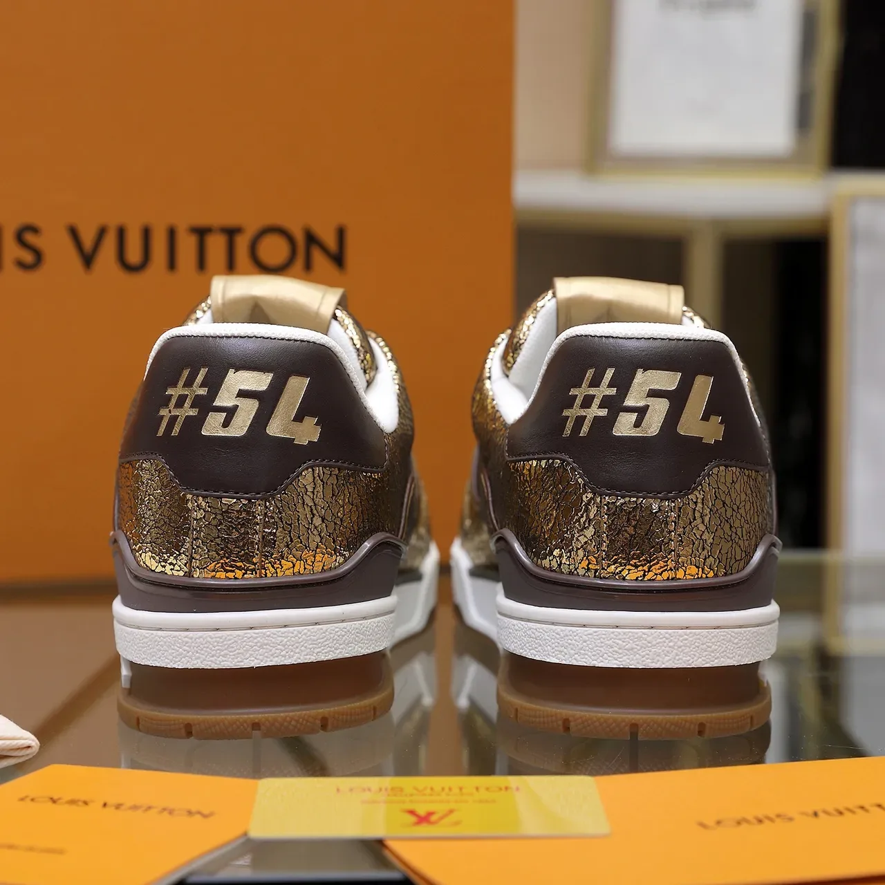 Louis Vuitton LV Trainer Gold Brown Metallic Crackle Leather Overlays Lifestyle Sneakers 3