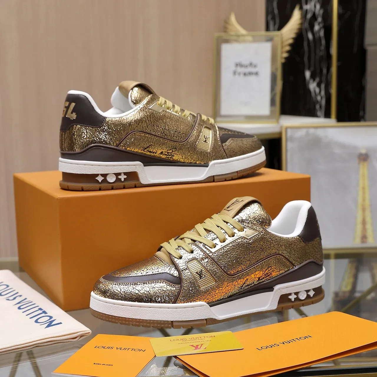 Louis Vuitton LV Trainer Gold Brown Metallic Crackle Leather Overlays Lifestyle Sneakers 4
