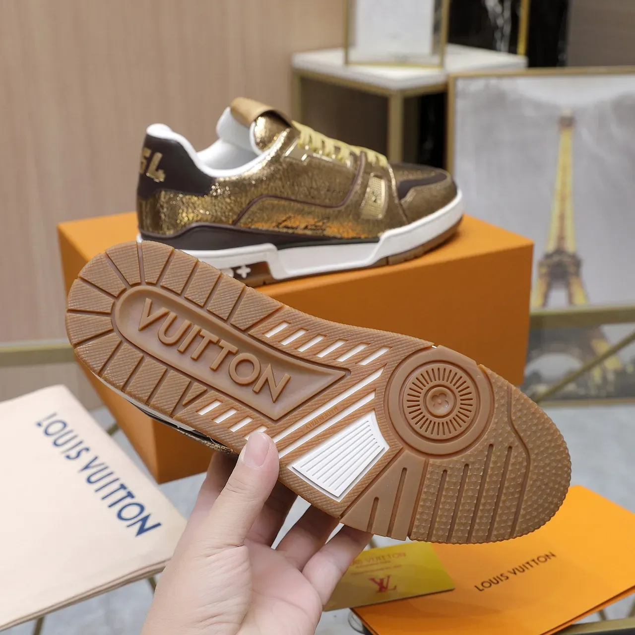 Louis Vuitton LV Trainer Gold Brown Metallic Crackle Leather Overlays Lifestyle Sneakers 5