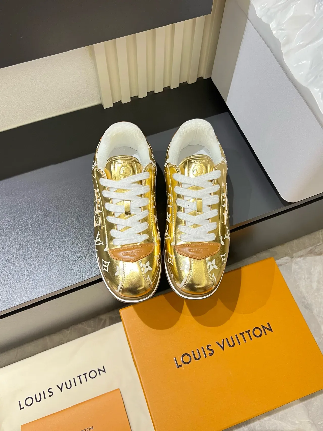 Louis Vuitton LV Trainer Gold White Metallic Patent Upper Monogram Print Lifestyle Sneakers 2