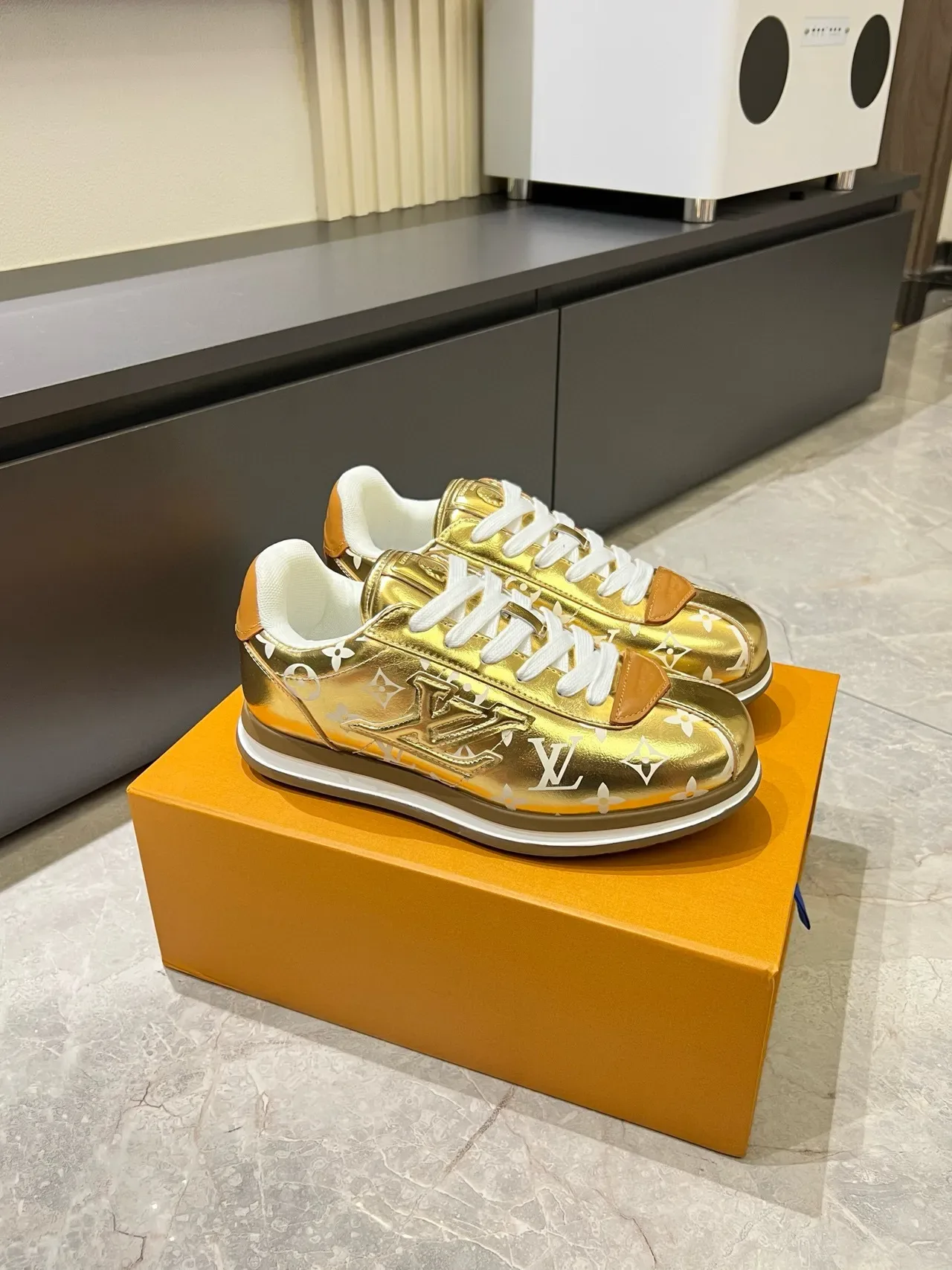 Louis Vuitton LV Trainer Gold White Metallic Patent Upper Monogram Print Lifestyle Sneakers 3