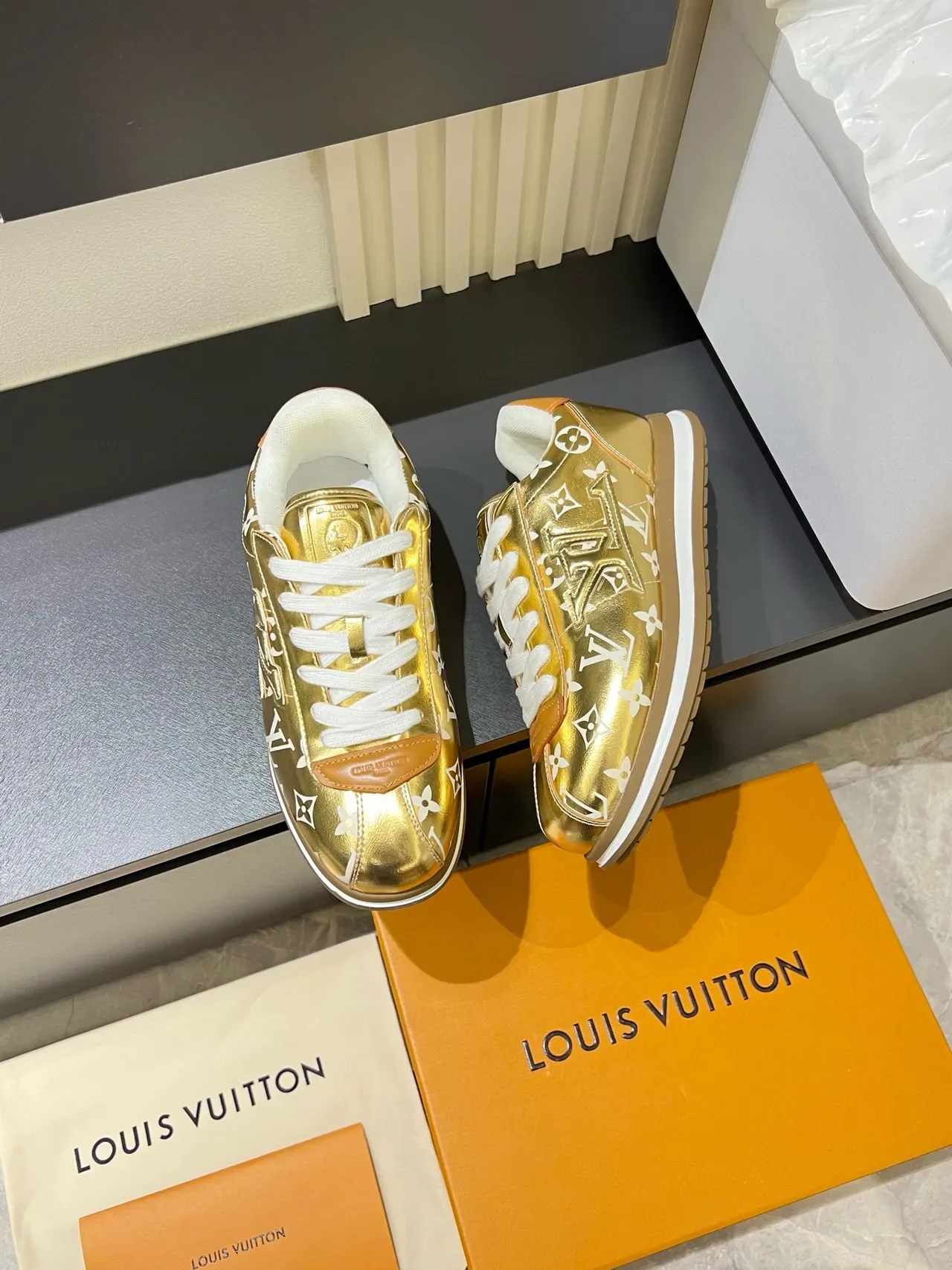 Louis Vuitton LV Trainer Gold White Metallic Patent Upper Monogram Print Lifestyle Sneakers 4