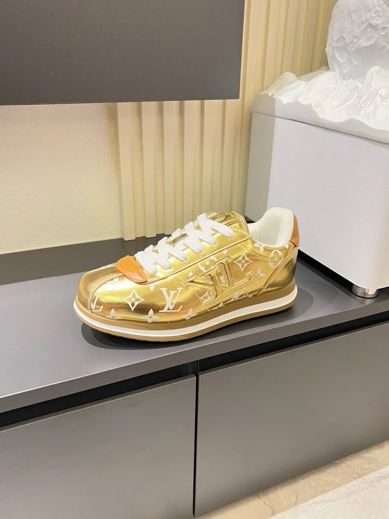Louis Vuitton LV Trainer Gold White Metallic Patent Upper Monogram Print Lifestyle Sneakers 5