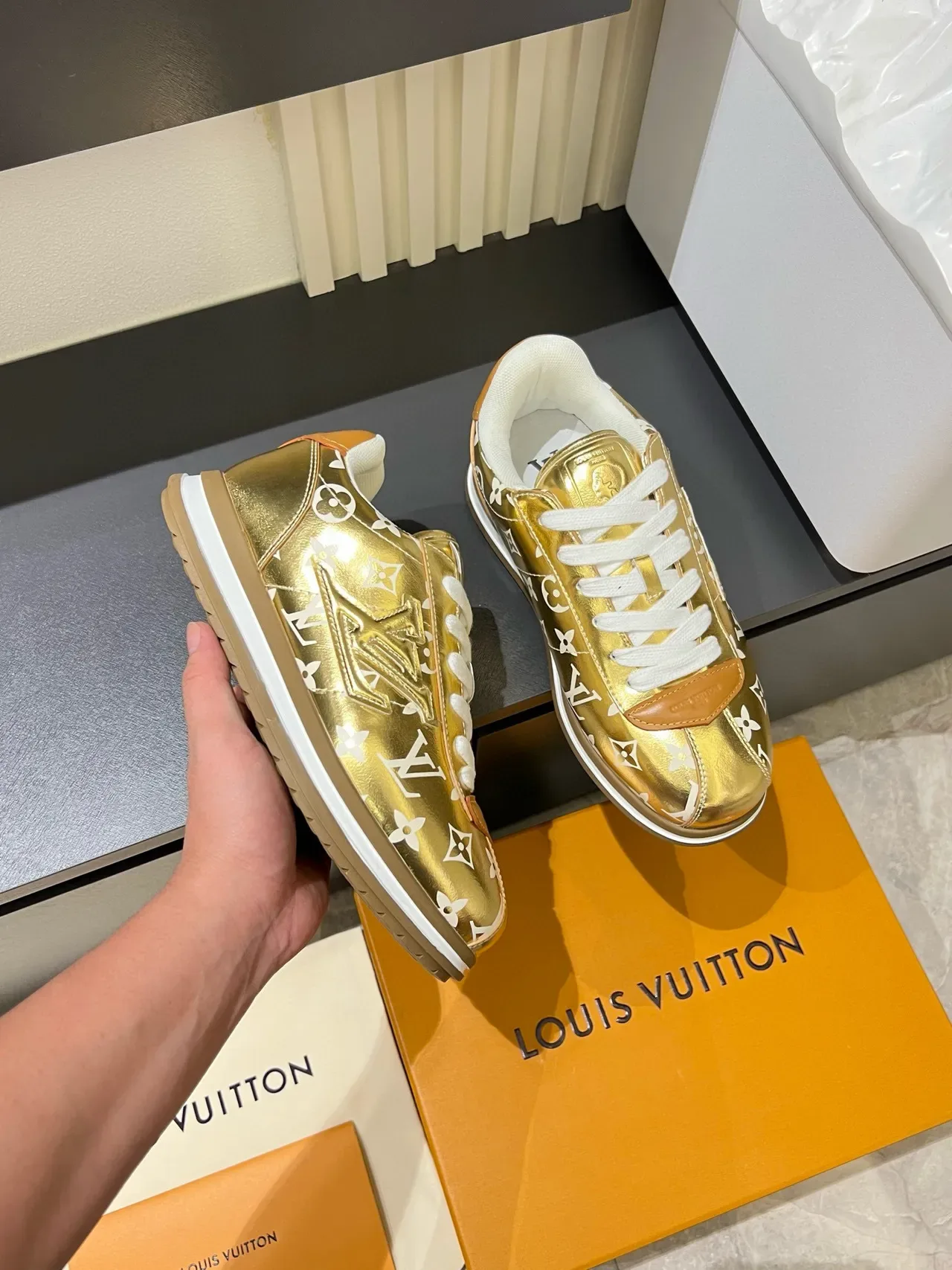 Louis Vuitton LV Trainer Gold White Metallic Patent Upper Monogram Print Lifestyle Sneakers 6