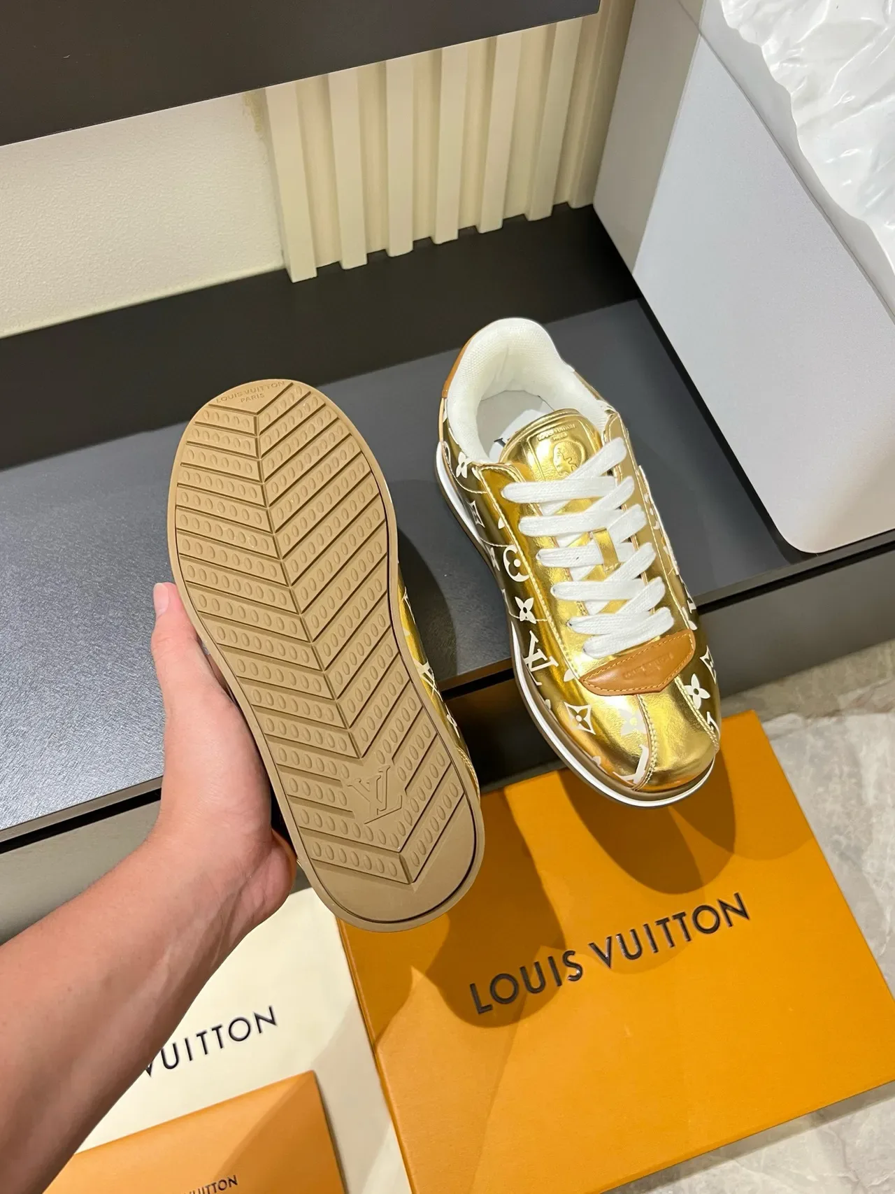 Louis Vuitton LV Trainer Gold White Metallic Patent Upper Monogram Print Lifestyle Sneakers 7