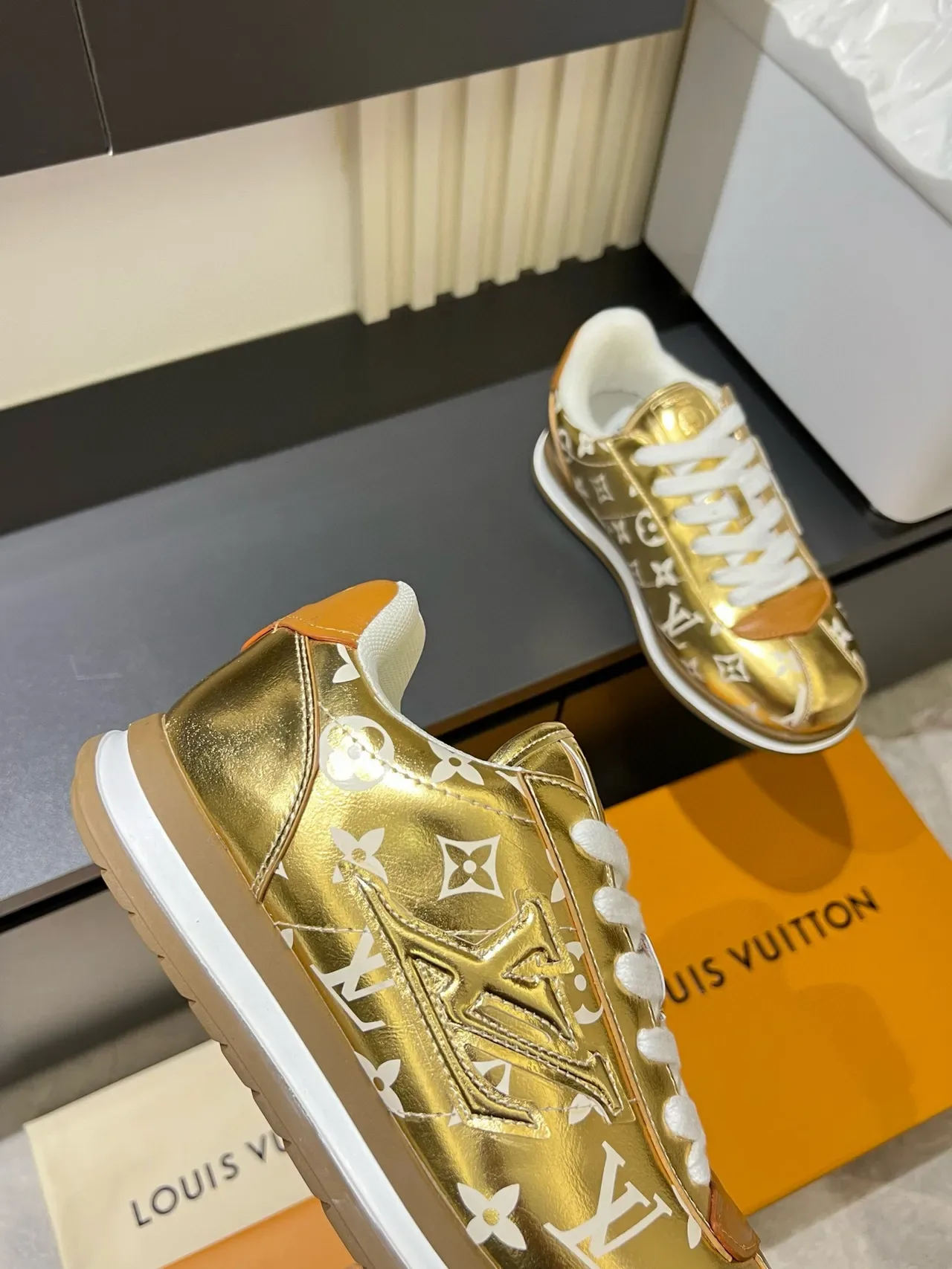 Louis Vuitton LV Trainer Gold White Metallic Patent Upper Monogram Print Lifestyle Sneakers 8