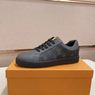 Louis Vuitton LV Trainer Cinza Preto Couro Monogram Revestido Silhueta Baixa Lifestyle Sneakers
