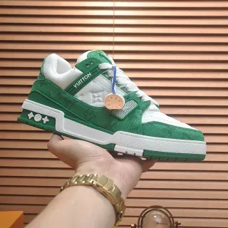 Louis Vuitton LV Trainer Green White Monogrammed Textile Upper Sculpted Layered Midsole Lifestyle Sneakers