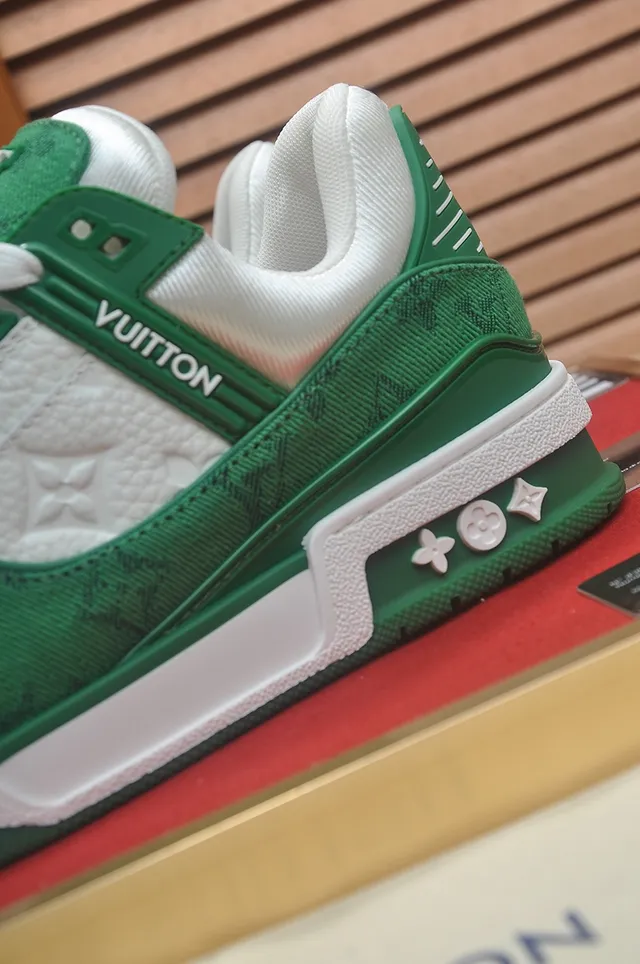 Louis Vuitton LV Trainer Green White Monogrammed Textile Upper Sculpted Layered Midsole Lifestyle Sneakers 2