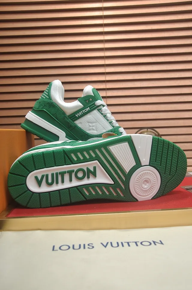Louis Vuitton LV Trainer Green White Monogrammed Textile Upper Sculpted Layered Midsole Lifestyle Sneakers 3