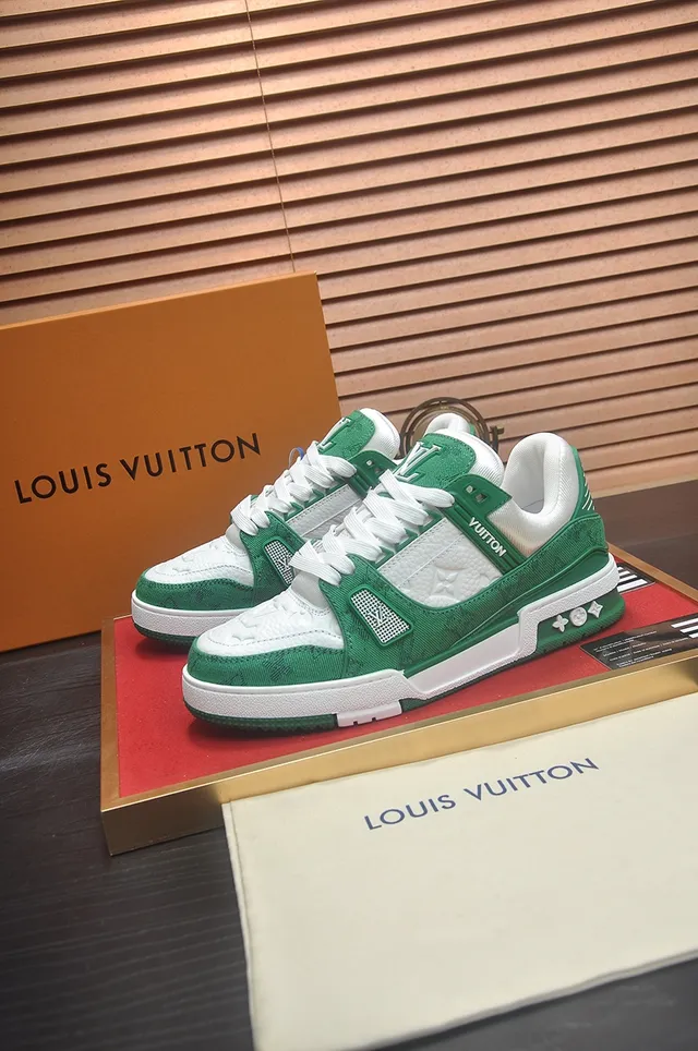 Louis Vuitton LV Trainer Green White Monogrammed Textile Upper Sculpted Layered Midsole Lifestyle Sneakers 4