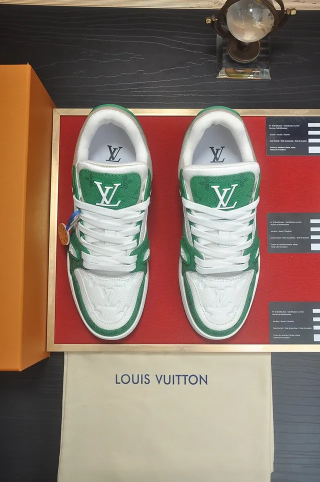 Louis Vuitton LV Trainer Green White Monogrammed Textile Upper Sculpted Layered Midsole Lifestyle Sneakers 5